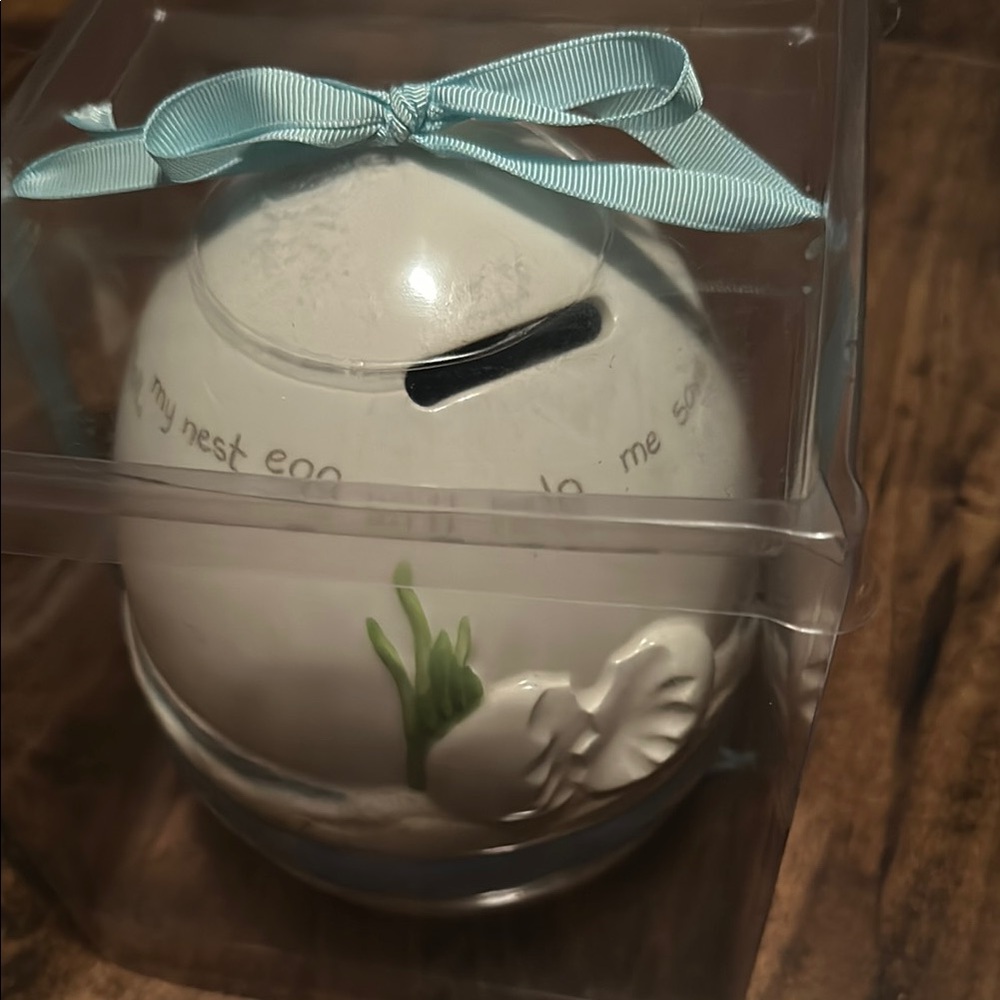 White Ceramic Egg Bank with Blue Ribbon